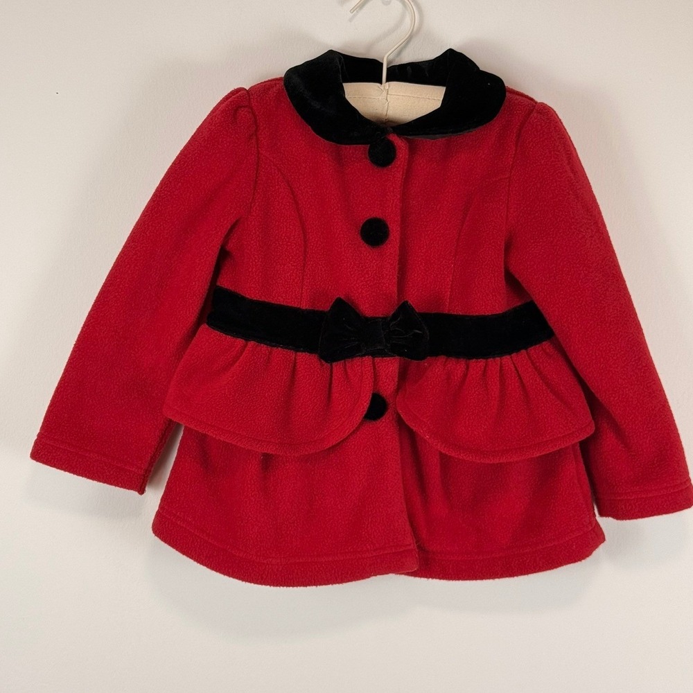 Maggie & Zoe Toddler Girls Red Fleece Peplum Coat Velvet Collar Bow 2T